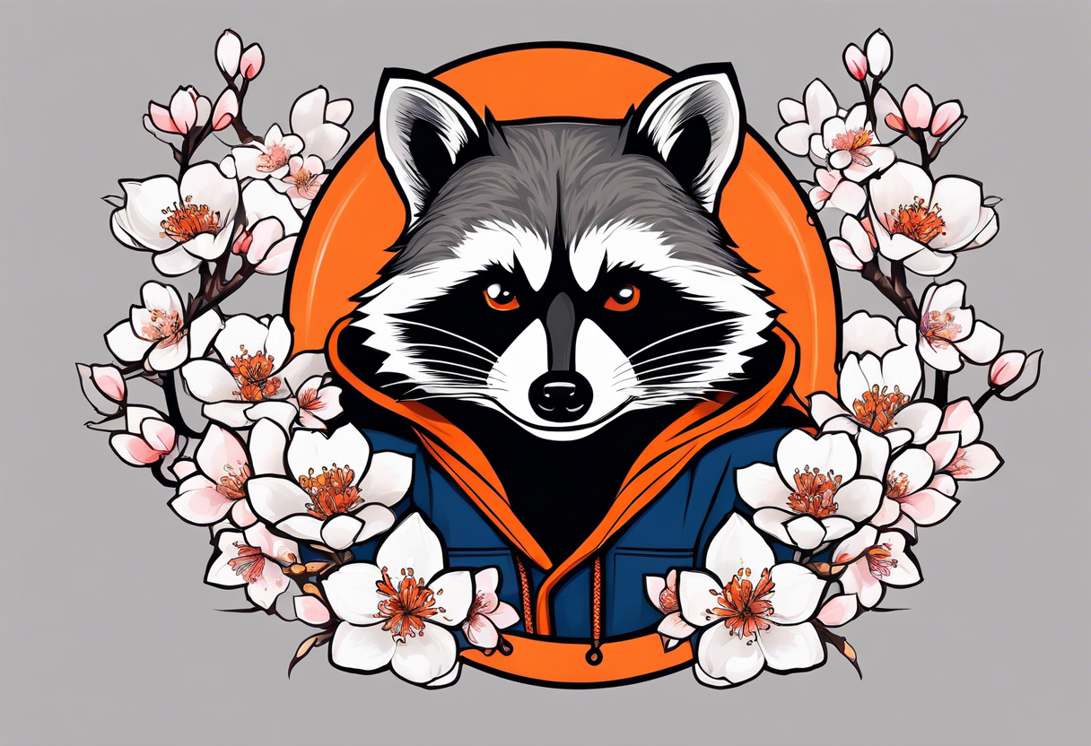 Raccoon wearing a white Superman logo on a black hoodie and orange Japanese cherry blossoms beside tattoo idea