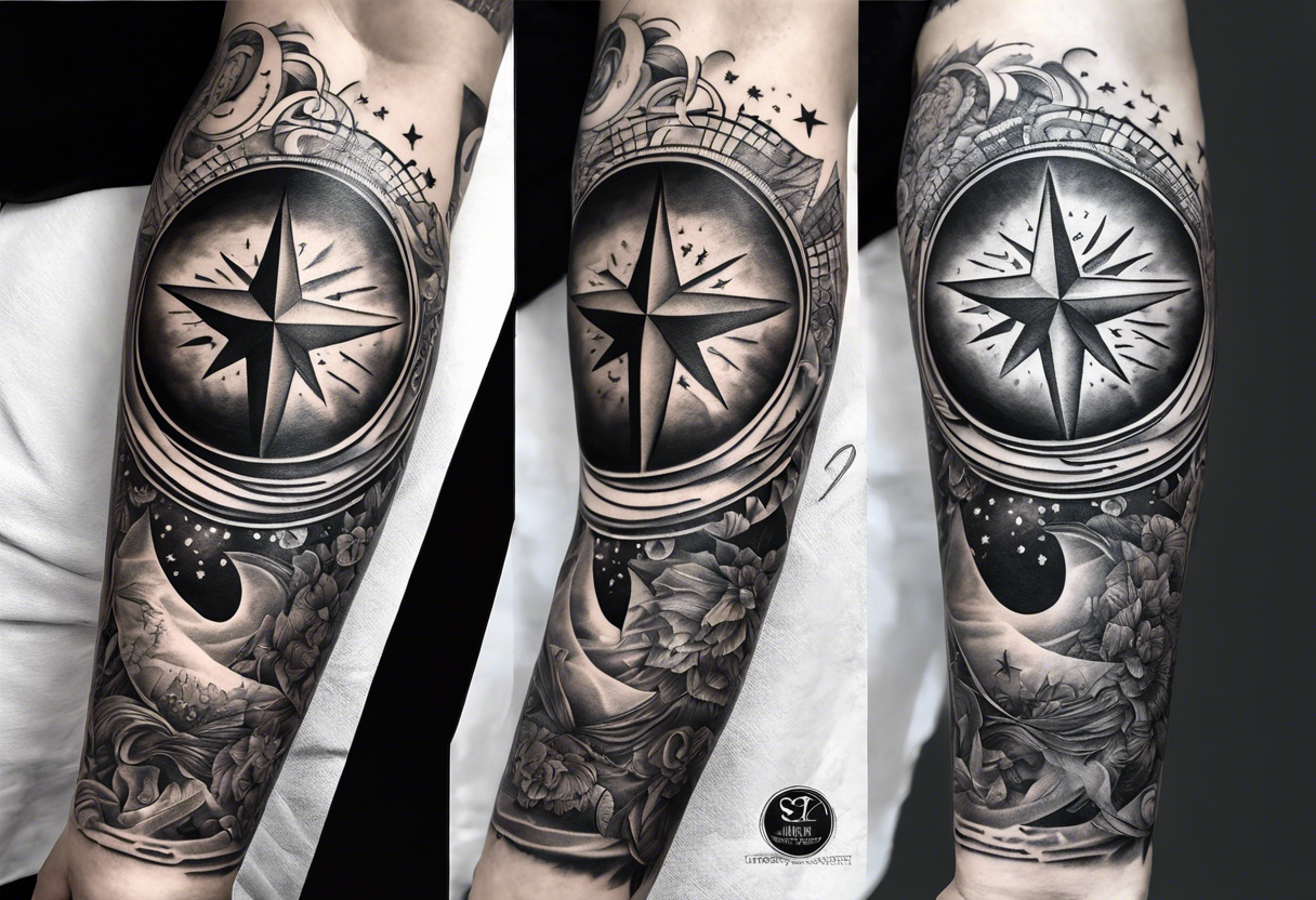 Collage for full left arm sleeve with:
a sun with a quarter moon, 
2 stars,
bass guitar, 
caduceus symbol tattoo idea