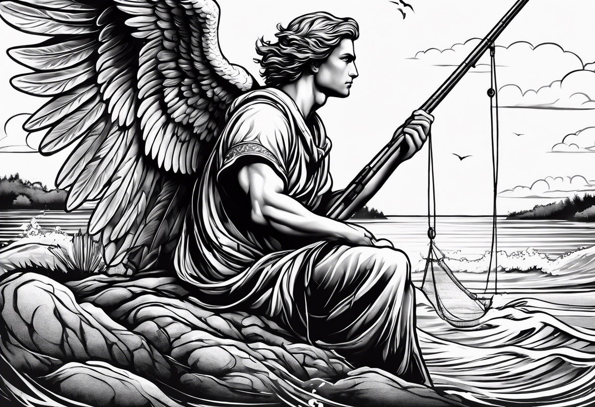 male angel with halo fishing in on a shore tattoo idea