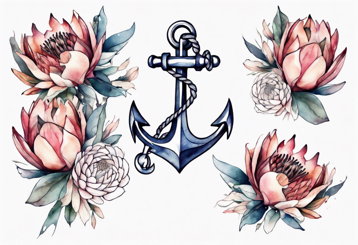 Very feminine tattoo of an anchor with protea flowers tattoo idea