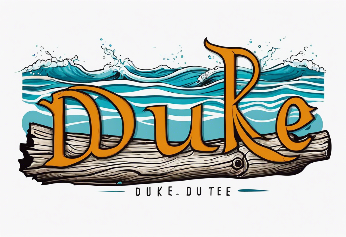 piece of driftwood underwater with the word duke scribed into the wood tattoo idea