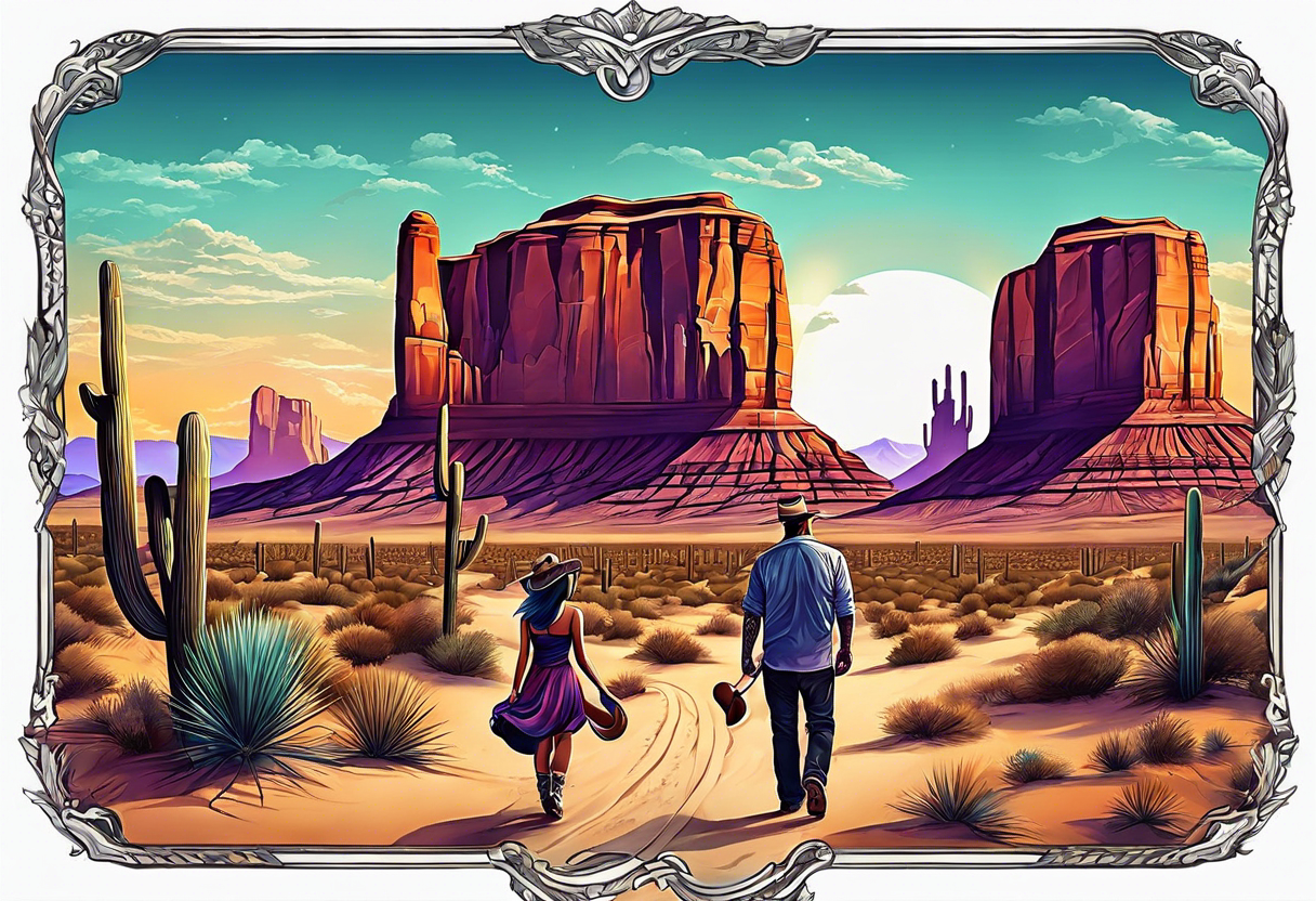 Desert scape. Guitar playing daughter and father tattoo idea