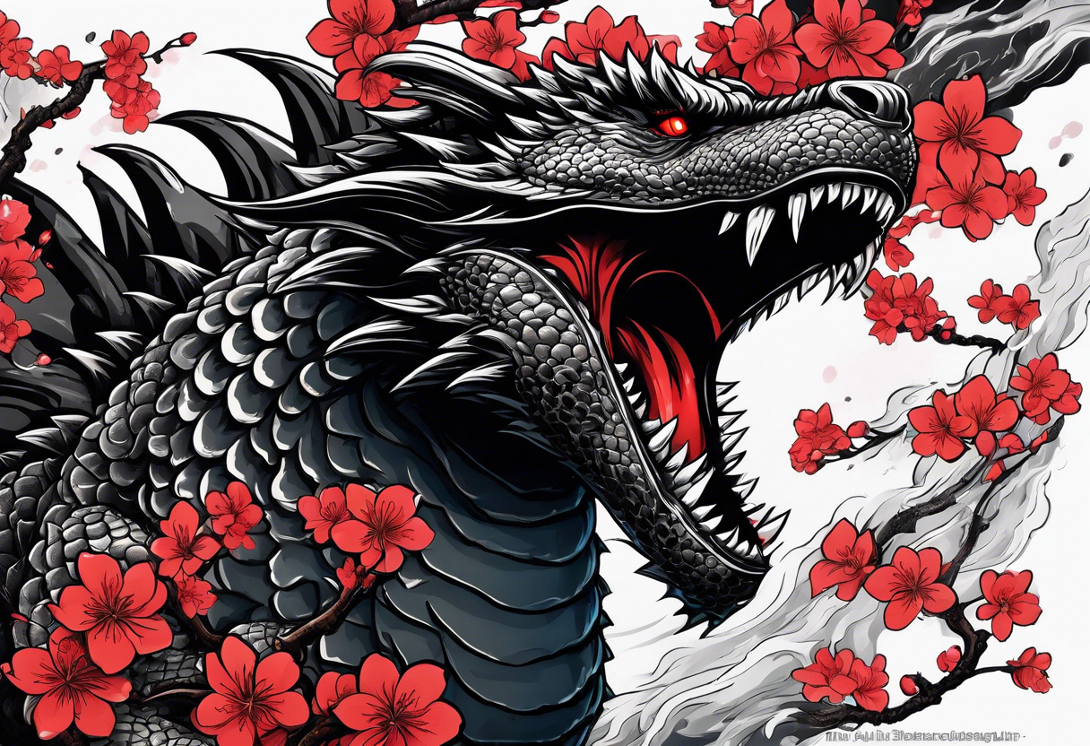 godzilla inspired dragon irezumi arm sleeve in black and red with water and lightning and cherry blossoms tattoo idea