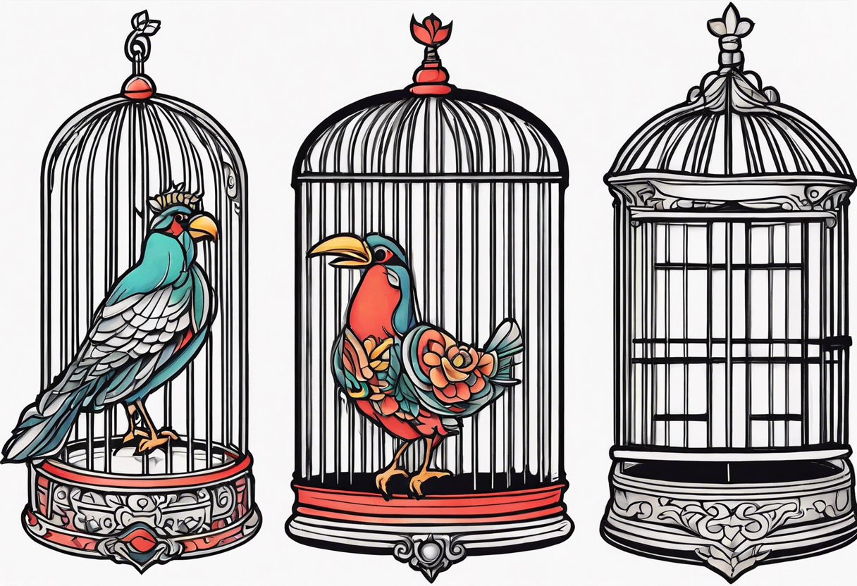 neo traditional decoration only on the left side, on the top of a long bird cage with a too big bird in it. tattoo idea