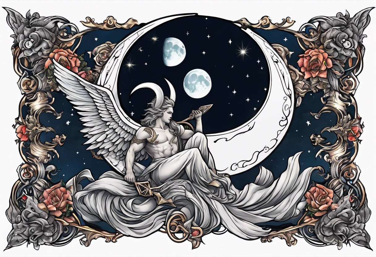 Devil in form of half snake half male angel surround the moon in the night sky tattoo idea