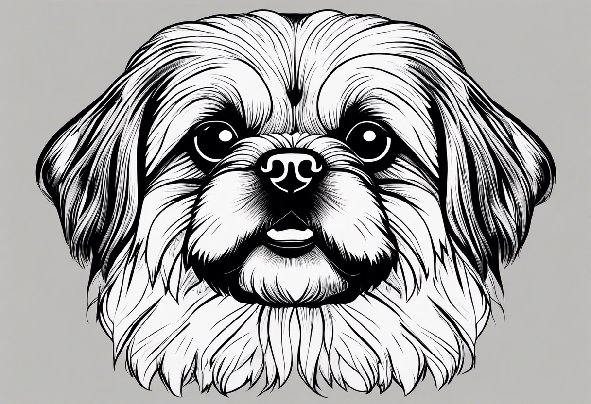 The most minimalist drawing of a pekingese with shih tzu dog's face. He has big eyes and a crooked smile. Do it like Picasso tattoo idea