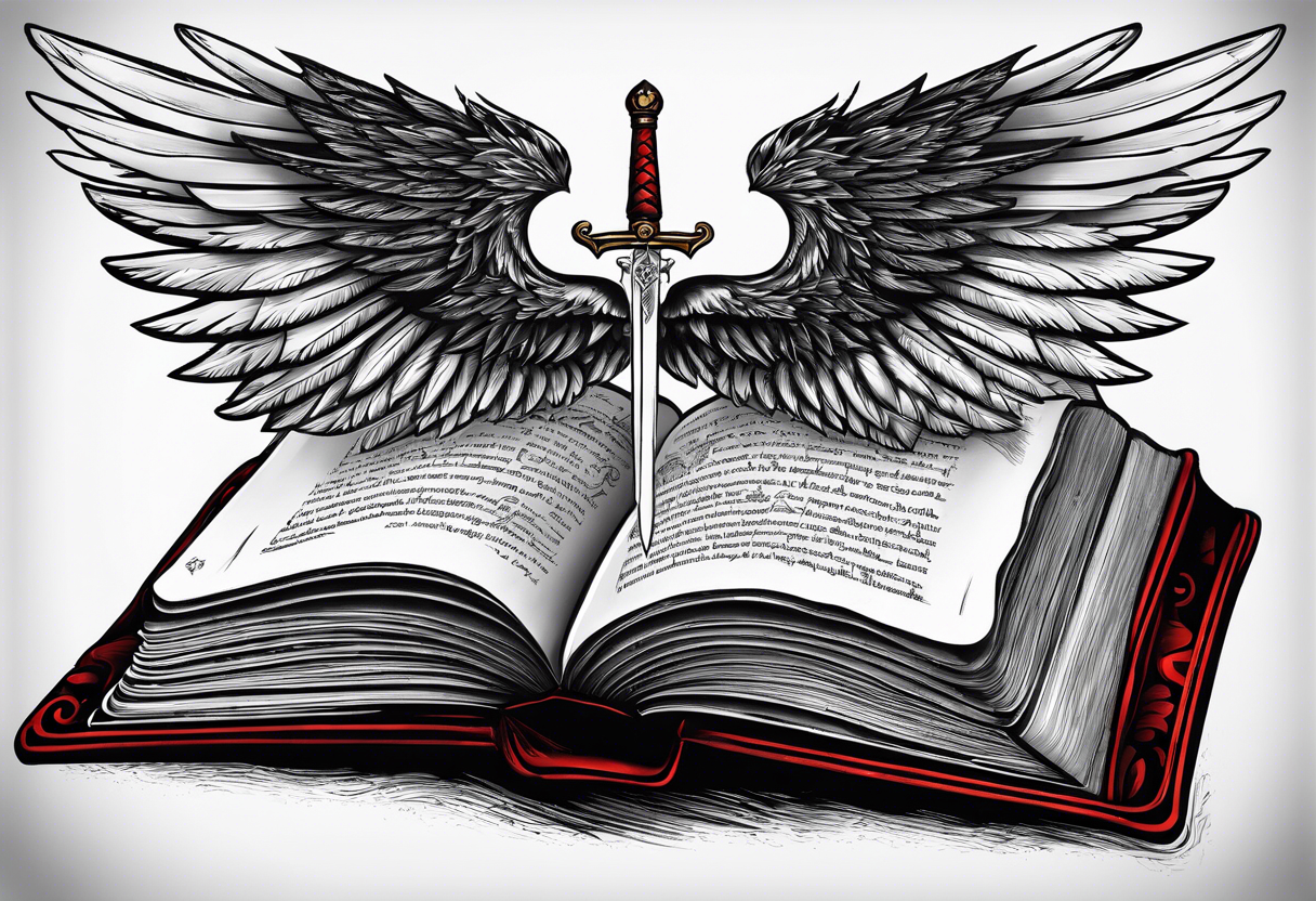 an open book with a sword through it, wings and sparks surrounding the book. tattoo idea