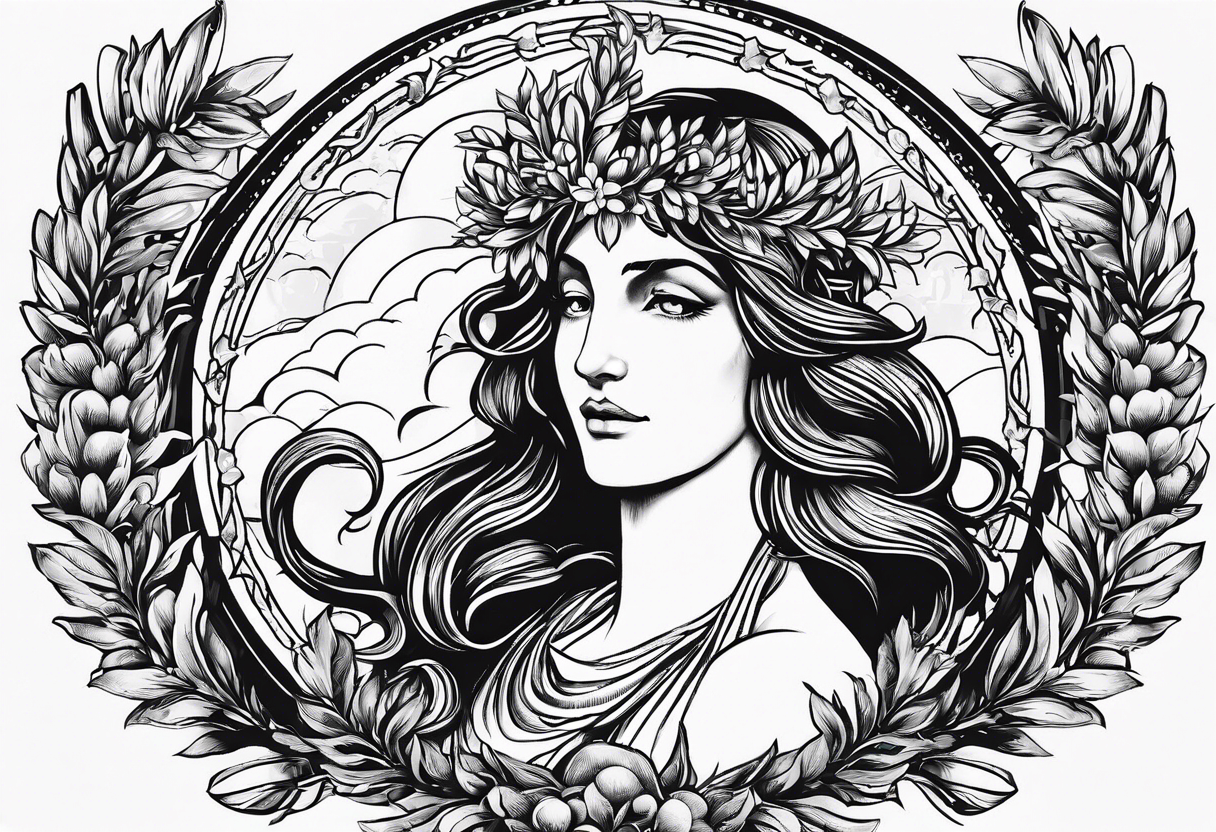 the phrase "sempre per sempre" surrounded by a laurel wreath with classic design and st. jude image tattoo idea