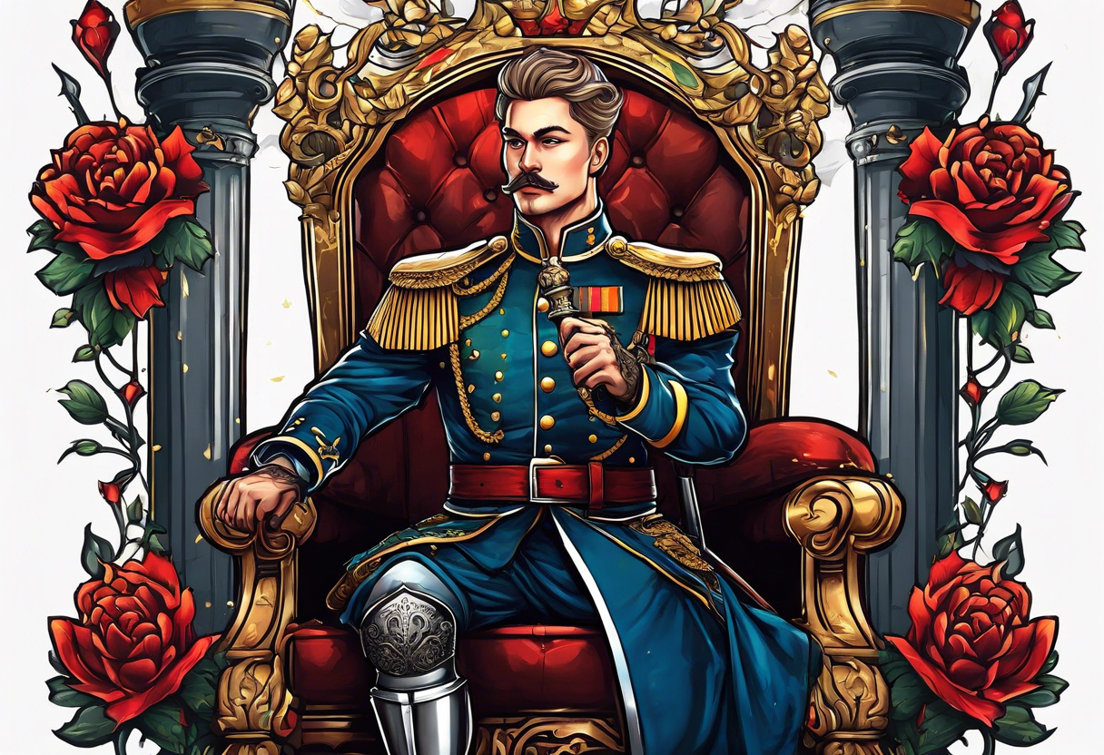 a german prince is dressed as a solider and sitting on a throne with a sceptor in one hand and a knife in the other tattoo idea