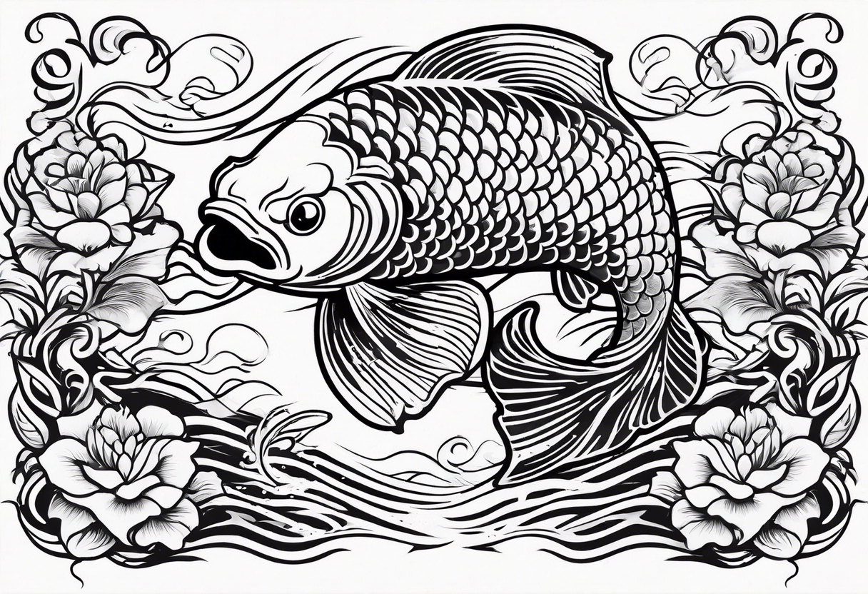 koi fish in pond on white background, black and white, intricate Polynesian tattoo, for laser engraving tattoo idea