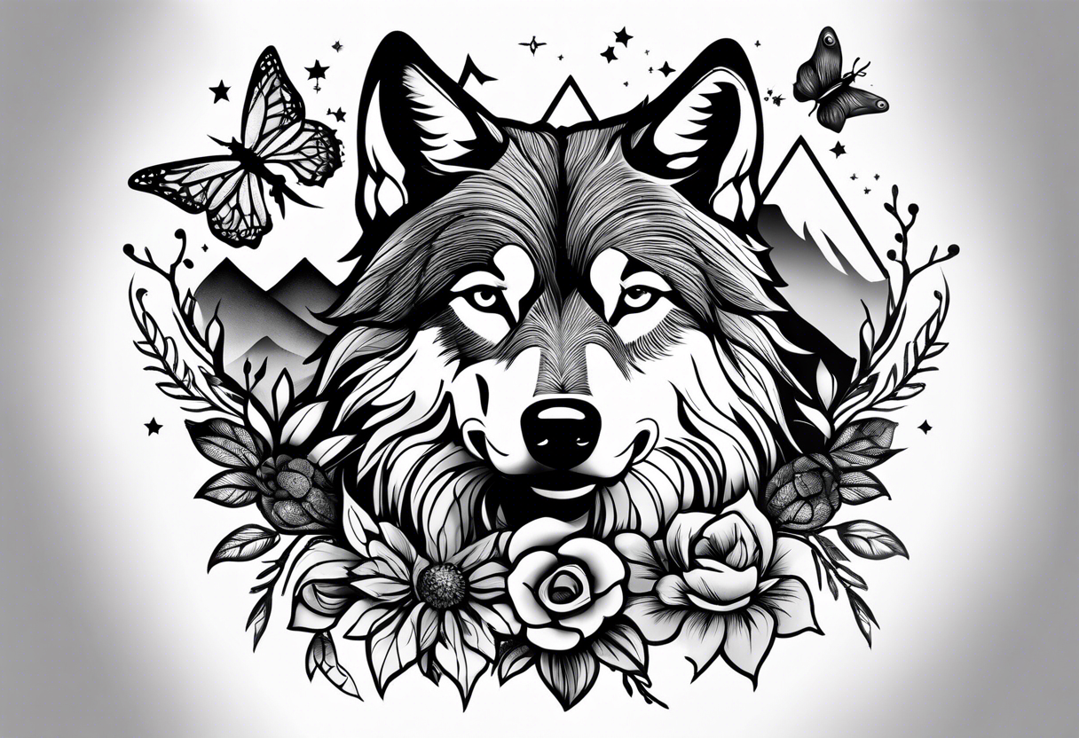 Stars, antlers, dogs, wolf, mountains, flowers, plants, dragonfly, dream catcher, birds
Design for my forearm and fist tattoo idea