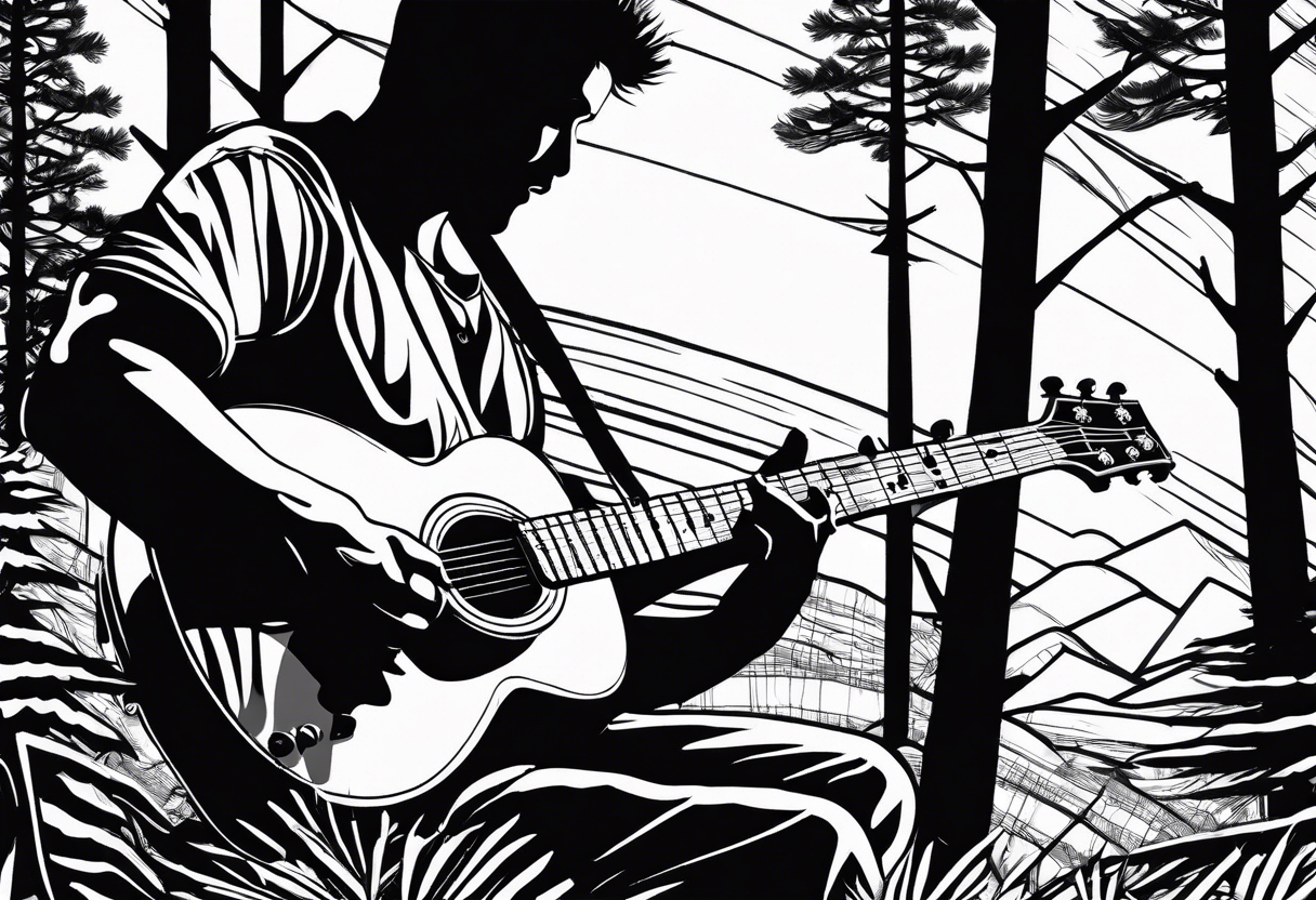 silhouette of a man playing electric guitar while sitting in a pine tree. super simple sketch tattoo idea