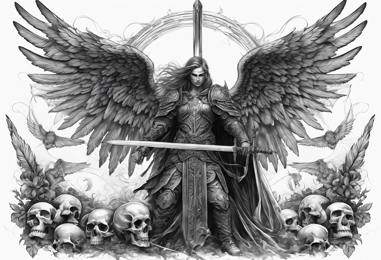 realistic angel of death, full body, without face, holding one sword in both hands, sword pointing downwards, skulls lying on the ground tattoo idea