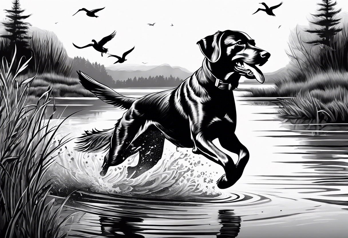 bird dog retrieving duck from marsh in its mouth tattoo idea