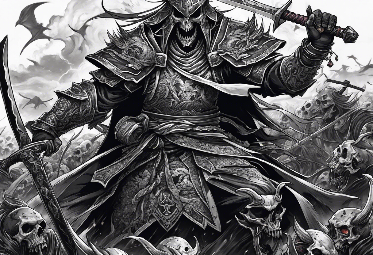 Undead Lich necromancer raising an army of the dead from the souls of dead samurai warriors on a battlefield tattoo idea