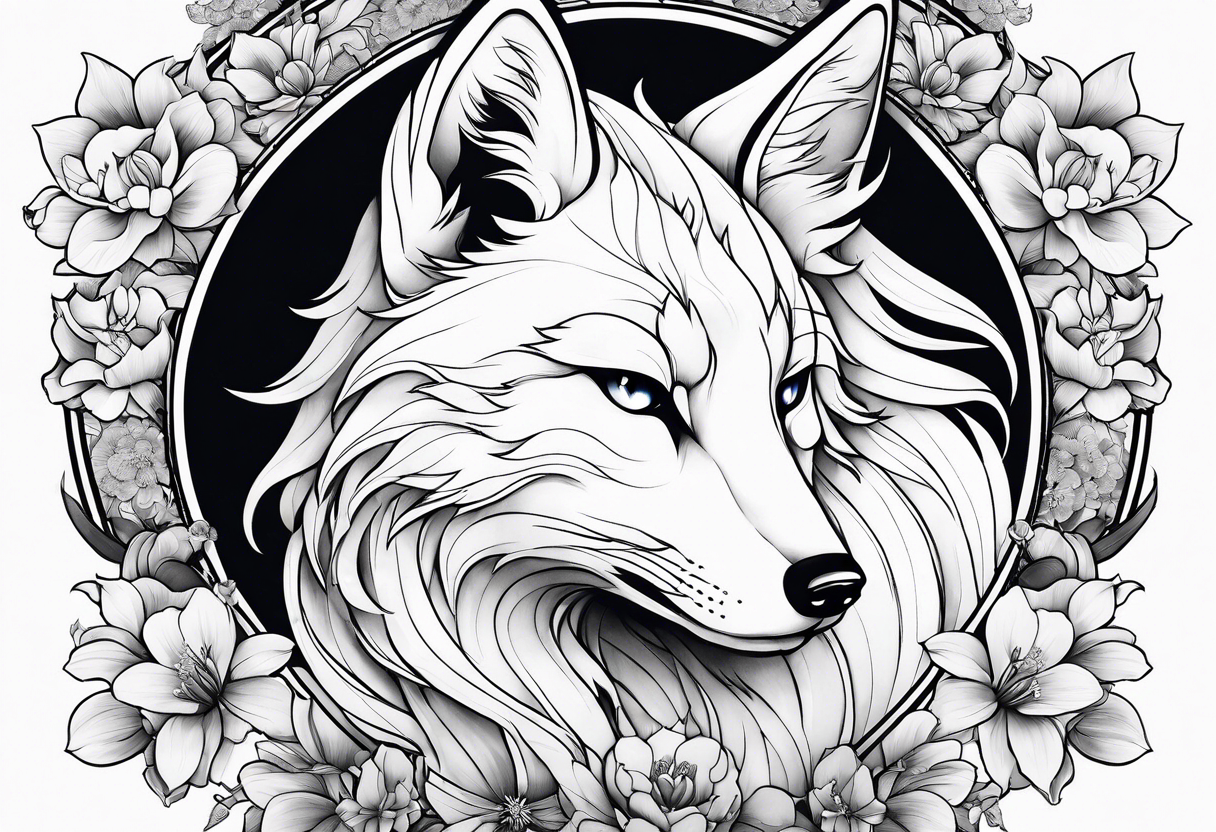 kitsune anime stiyle whit flowers tattoo idea