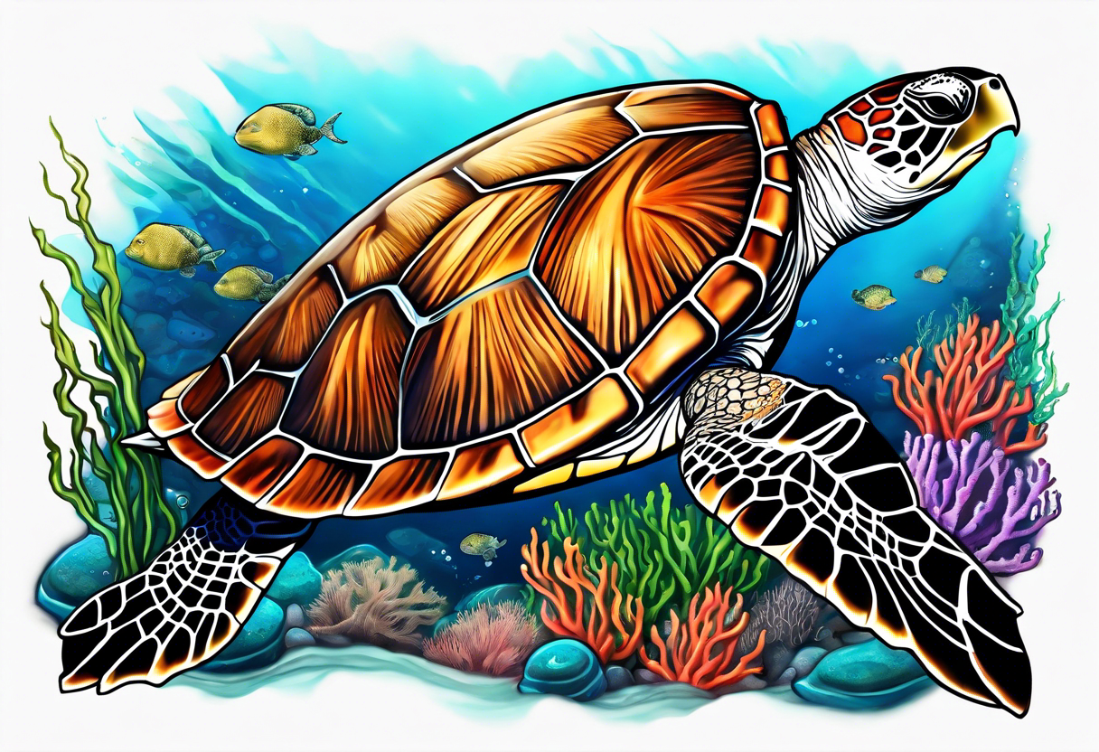 large sea turtle with the back right fin in lower left corner surrounded by coral and kelp tattoo idea