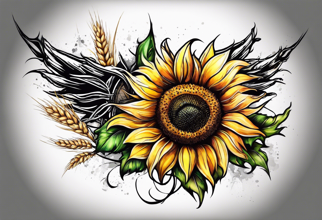 Sunflower, wheat, and barbed wire half sleeve tattoo idea