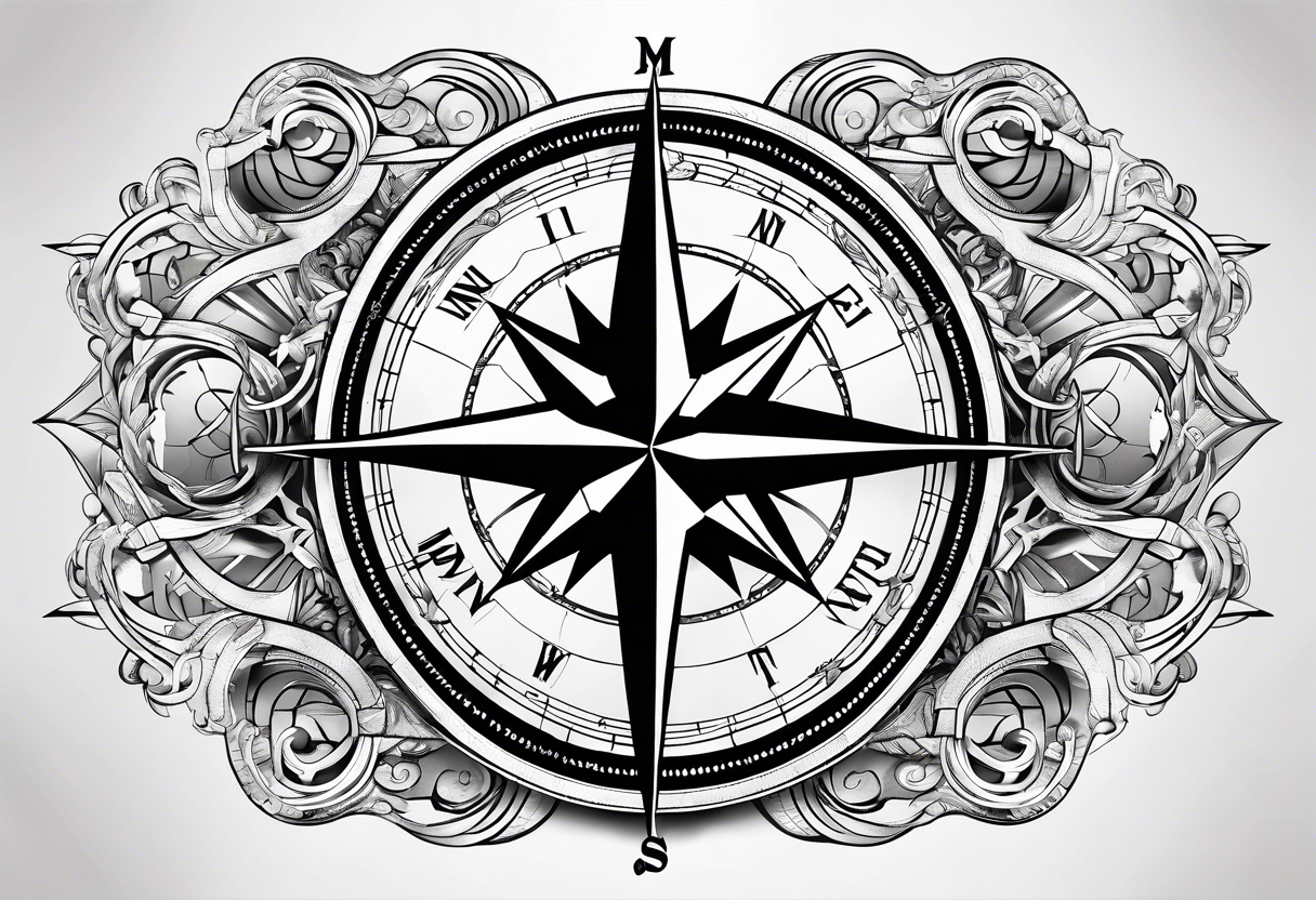 Compass with compass rose and anchor and gps data and clouds tattoo idea