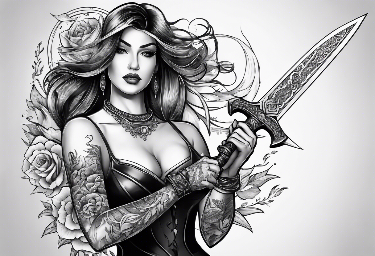 Dagger with a woman on the blade tattoo idea