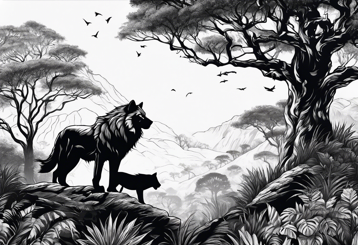 wolf pack and lion pack in the jungle far away walking towards a tree tattoo idea