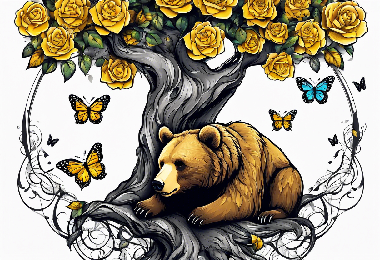 Bear under the tree of life with yellow roses and three butterflies for an upper arm tattoo. tattoo idea
