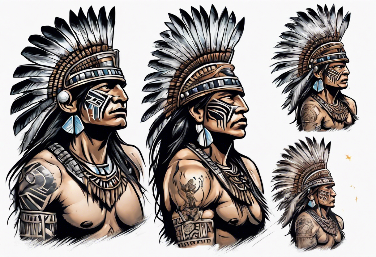 a heartbroken, tired, aztec warrior seeking peace after fighting for decades kneeling under the moonlight looking up to the sky tattoo idea