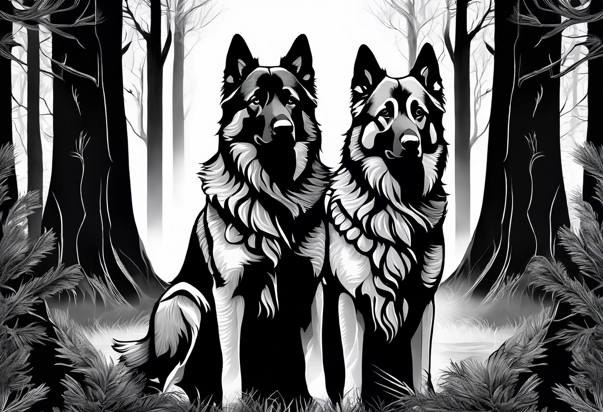 two norwegian elkhounds guarding a dark forest. Make them appear royal tattoo idea