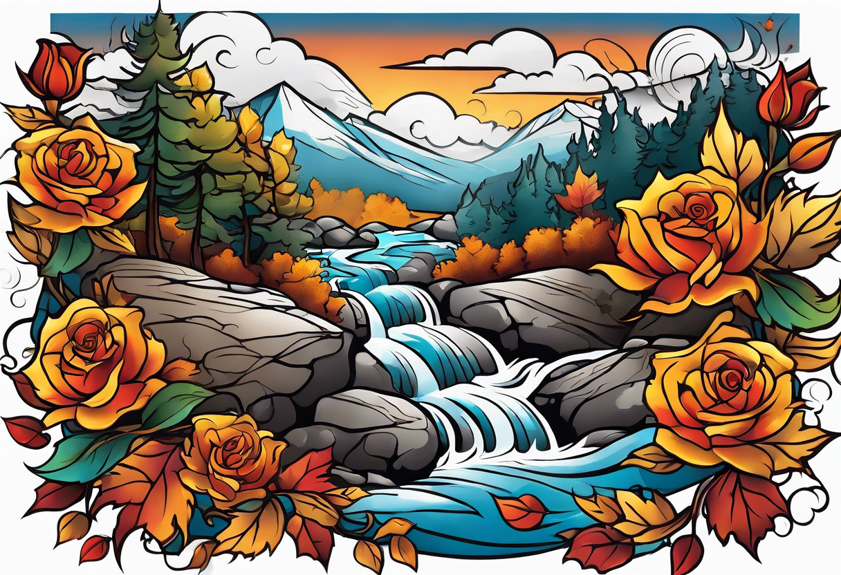 thigh tattoo in fall colors, showing water flow, rocks, sky, clouds, leaves, roses tattoo idea