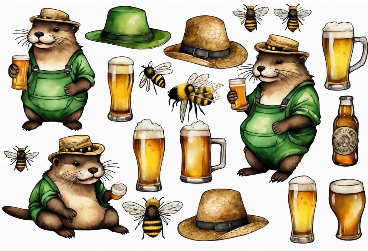 a fat otter wearing green overalls and a tattered straw hat covered in bees, drinking from a tankard of beer tattoo idea