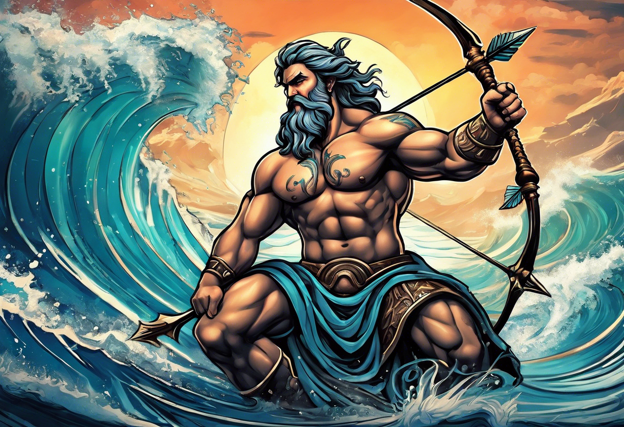 Poseidon with arrows in his back, full of anger and pain kneeling on his knee.
Make it look realistic, muscular and him masculine tattoo idea