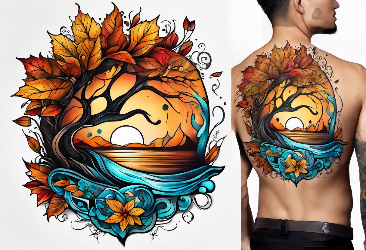 knee tattoo in fall colors with bluw water flow tattoo idea