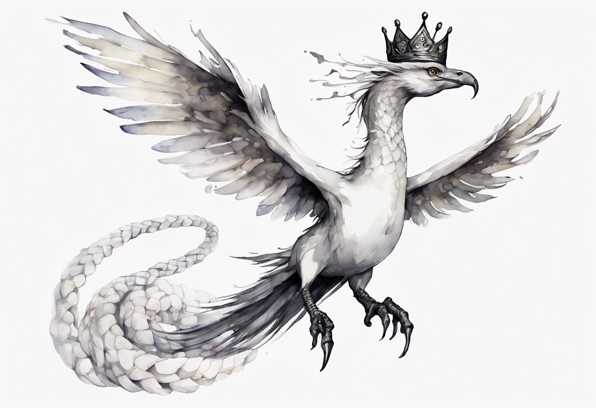 a white bird-serpent hybrid, wearing a pewter crown on its head, flying in the air tattoo idea