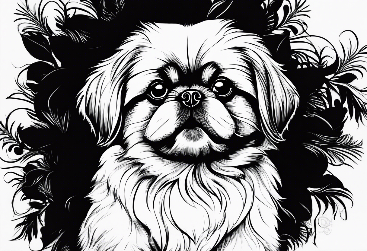 The most minimalist drawing of a pekingese with shih tzu dog's face. He has big eyes and a crooked smile. Do it like Picasso tattoo idea