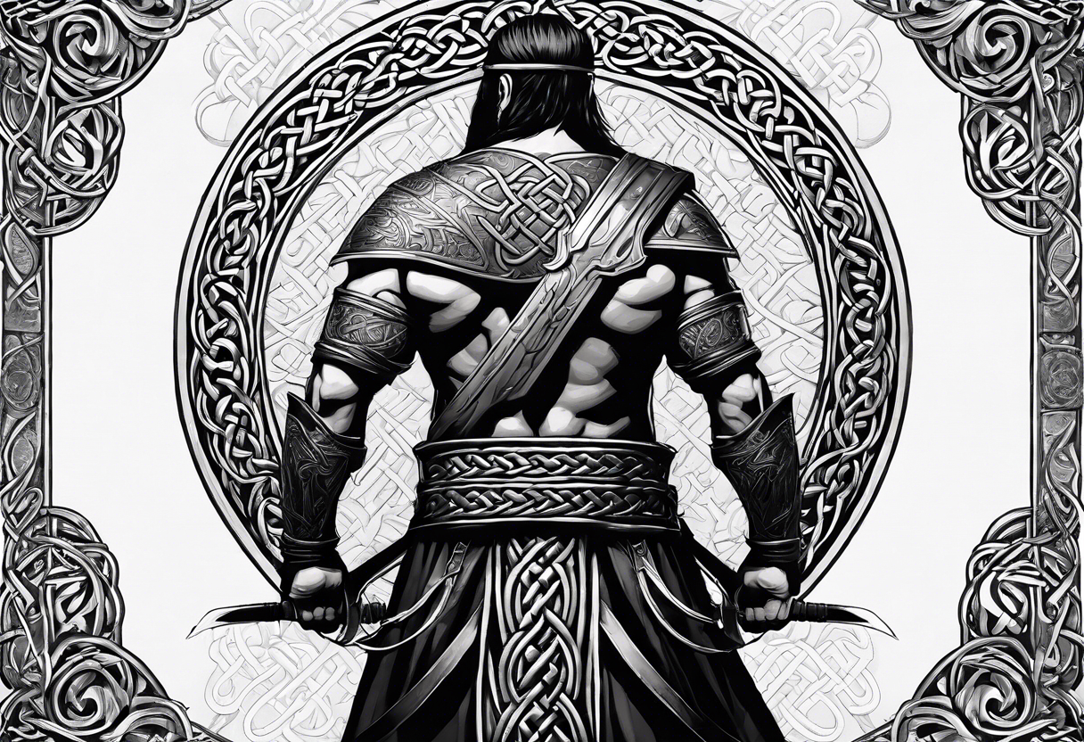 Full body side profile shot of a Celtic warrior with weapons, facing from left to right tattoo idea