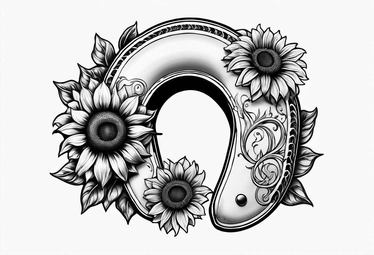 Realistic Horseshoe around a sunflower tattoo idea