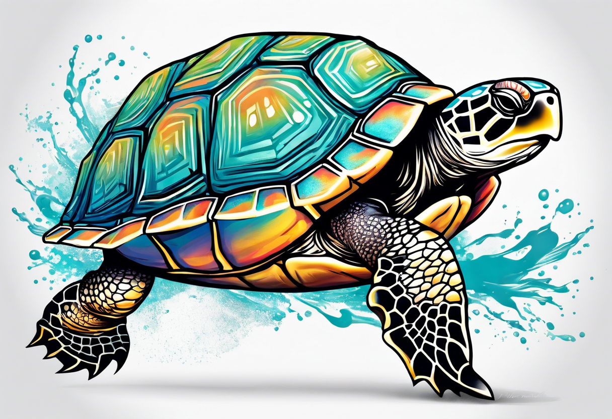 A turtle running on 2 legs across a finish line tattoo idea