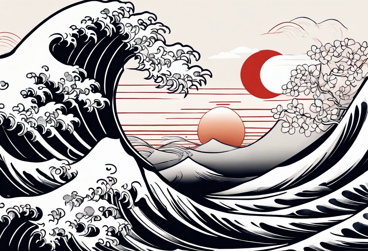 hello! can you generate me a tattoo sleeve in japanese drawing style by using these elements: waves, a cat, the sun, clouds and japanese lotus tattoo idea