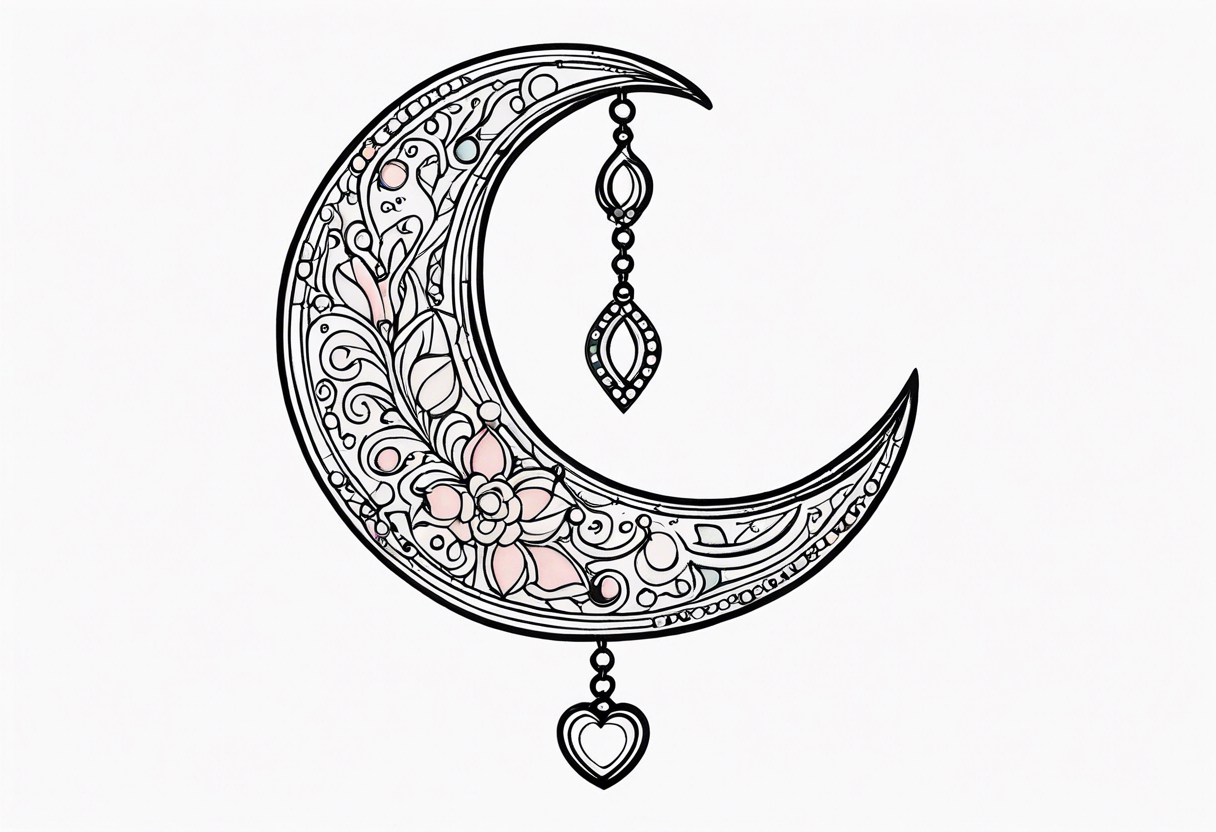 Crescent moon with heart shaped jewels dangling from the bottom of it tattoo idea