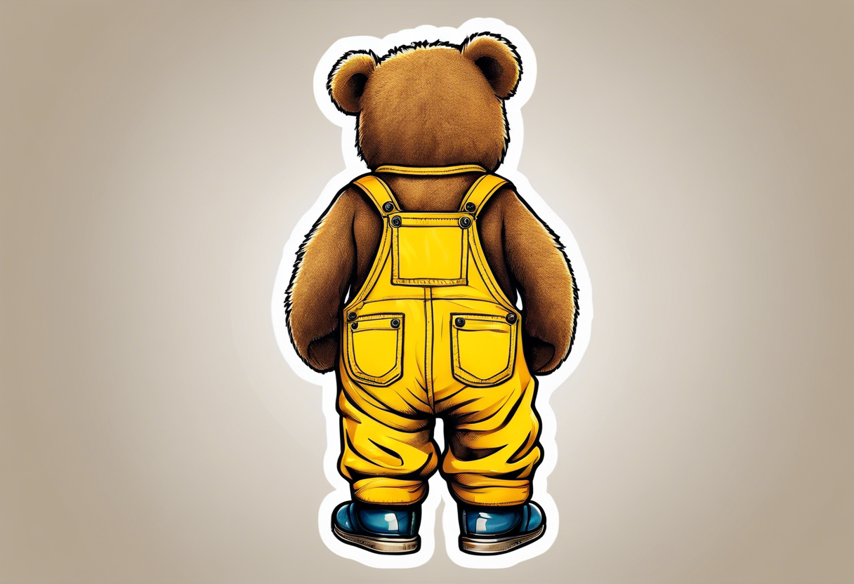 image of the back of a light brown teddy bear standing in yellow overalls, striped tank top and wearing boots tattoo idea