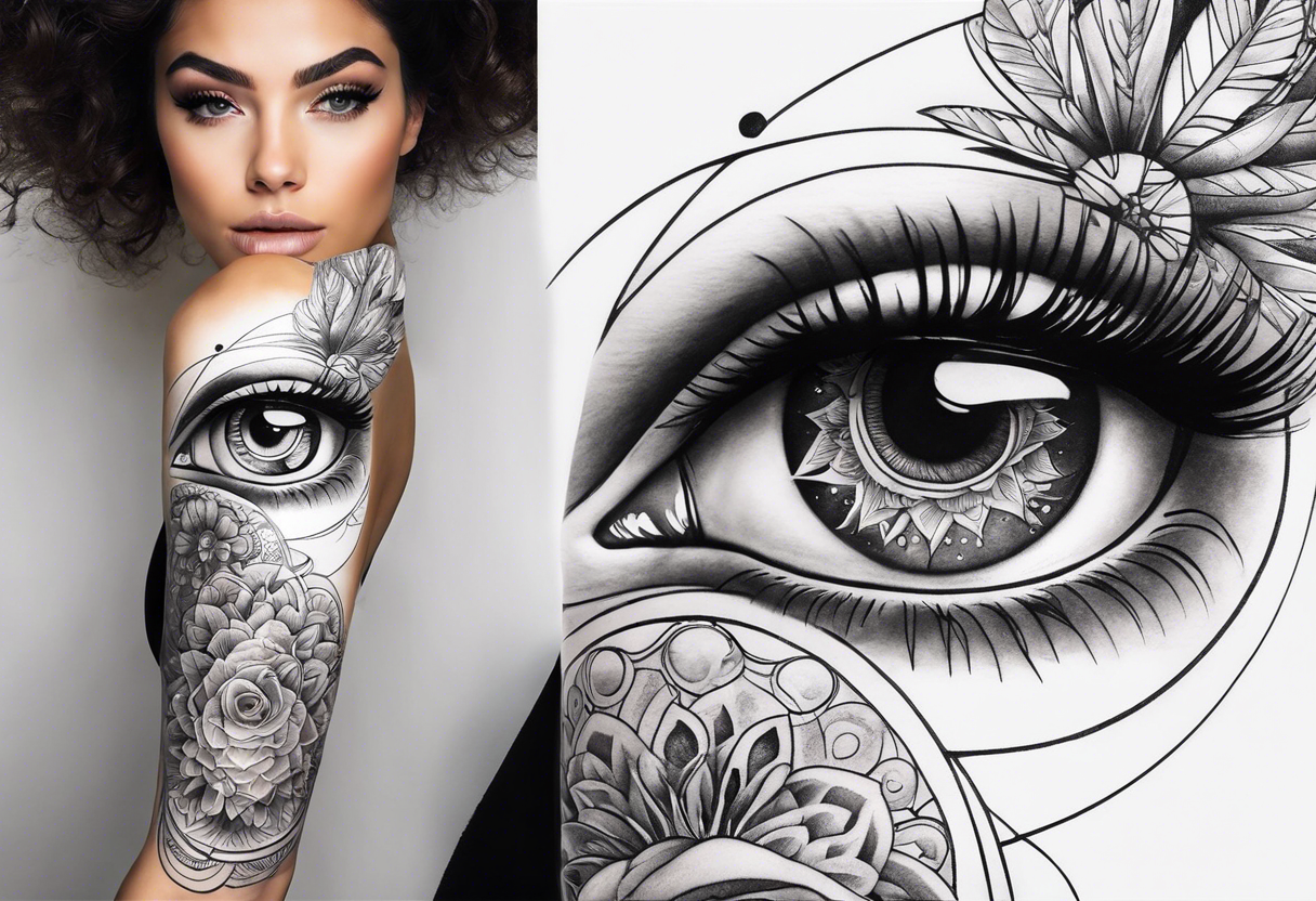 A surrealistic forarm sleeve tattoo featuring beautiful goddess’s face with glowing eyes creating the universe tattoo idea