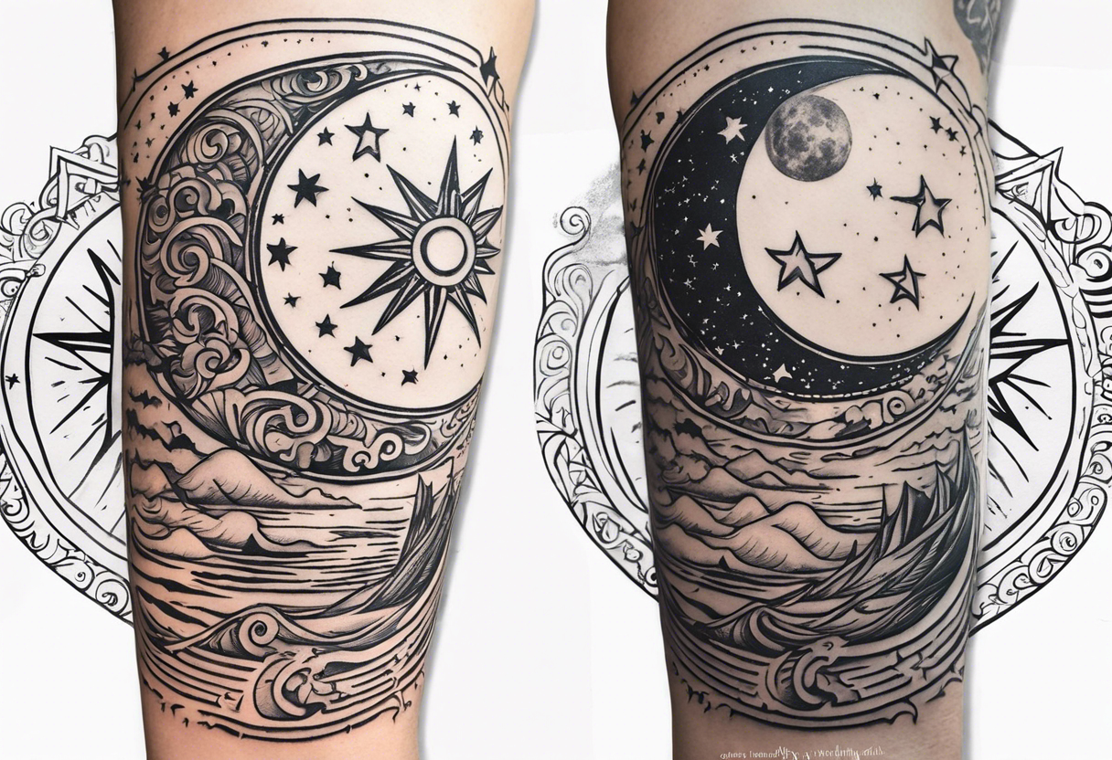 Collage for full left arm sleeve with:
a sun with a quarter moon, 
2 stars,
bass guitar, 
caduceus symbol tattoo idea