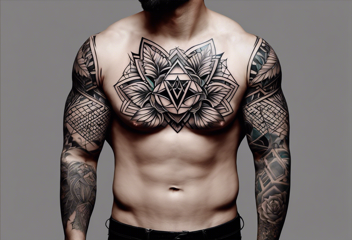 full sleeve tattoos for men with sacred geometry mixed tropical theme going from left chest to left hand with black outlines used throughout. Mixed with tropical flowers. tattoo idea