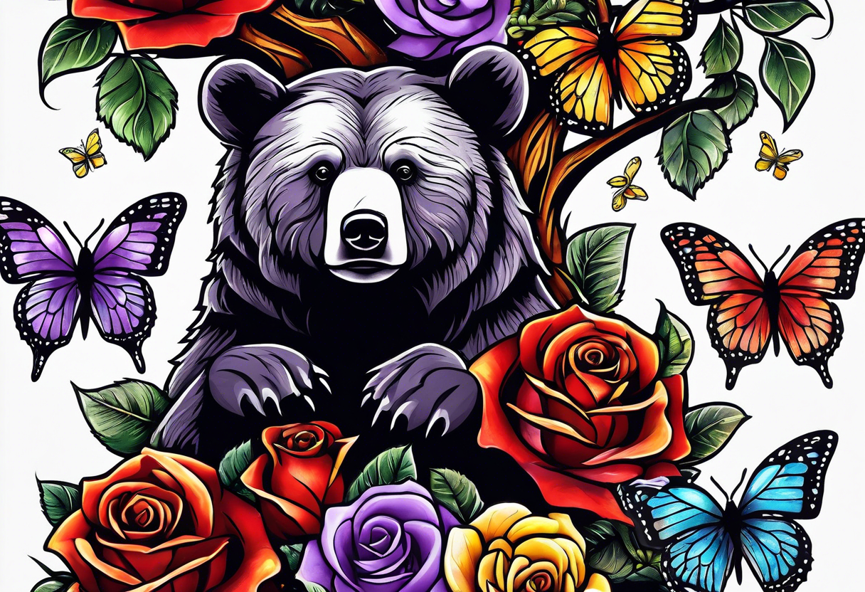 Bear under the tree of life with yellow, purple, and red colored roses and three butterflies for an upper arm tattoo. tattoo idea