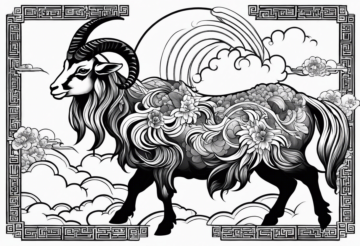 full body goat with kumo clouds in traditional Japanese art style tattoo idea