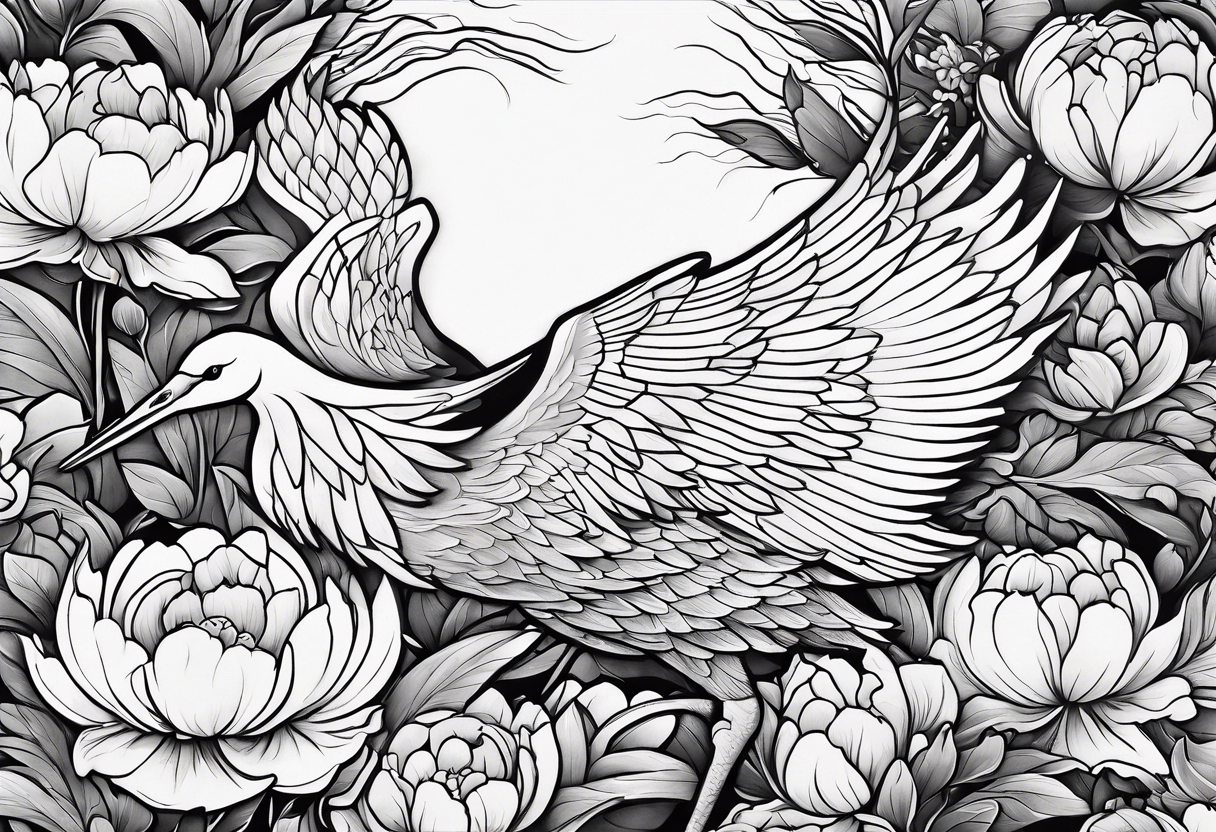 Japanese crane flying through peonies tattoo idea