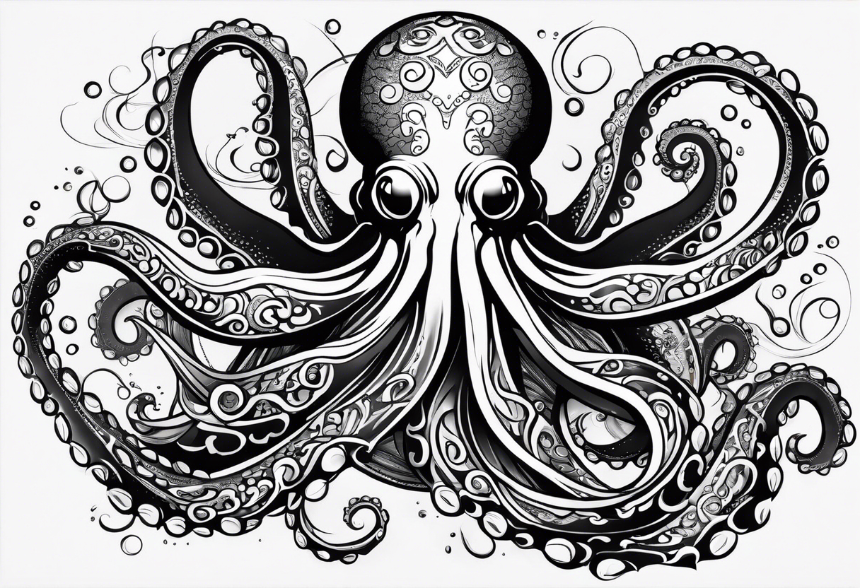 Tribal half sleeve octopus surrounded by ribbons of water waves filled with fish. the octopus has no eyes. Use thick lines only with less detail tattoo idea