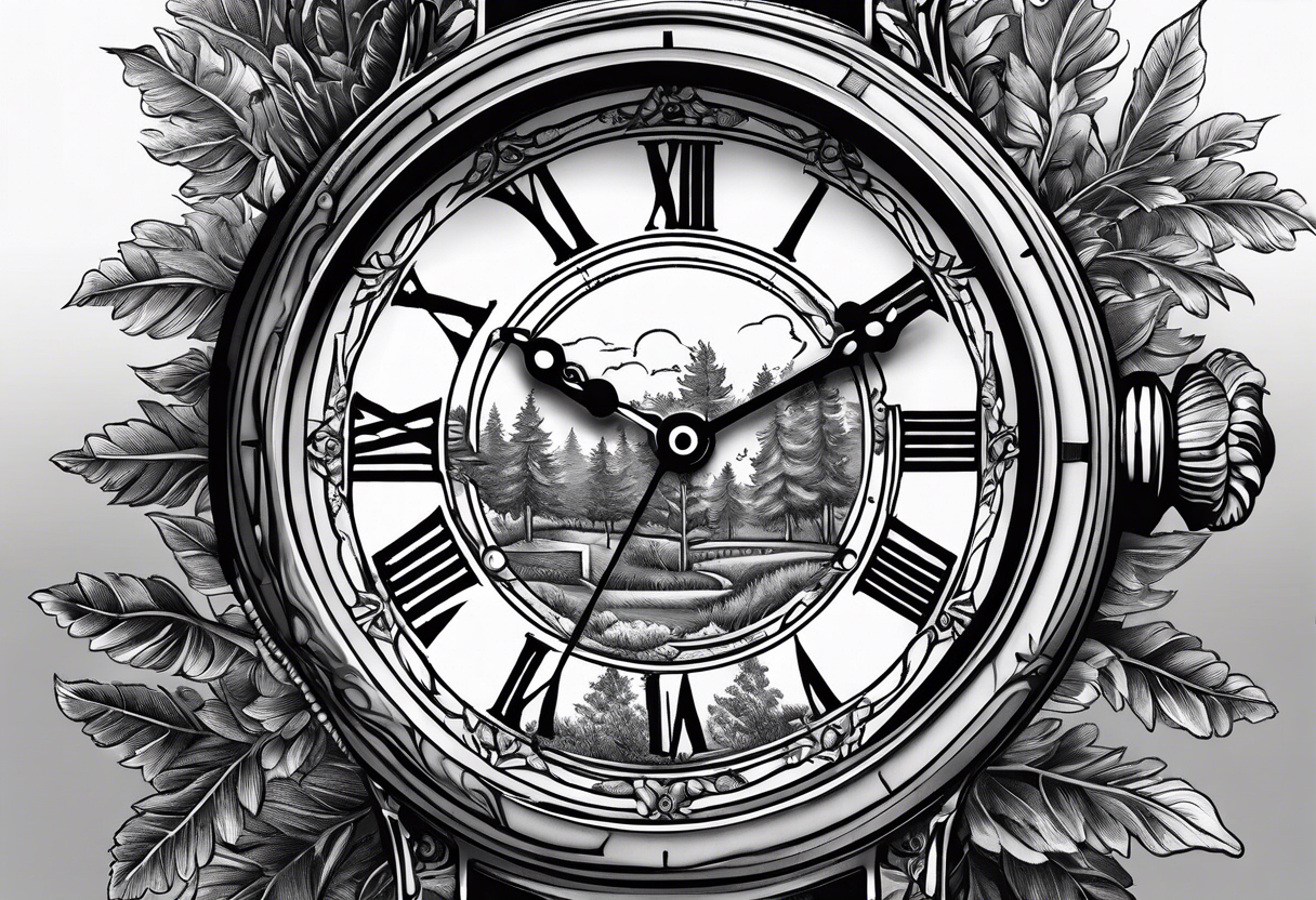 Antique watch surrounded by trees tattoo idea