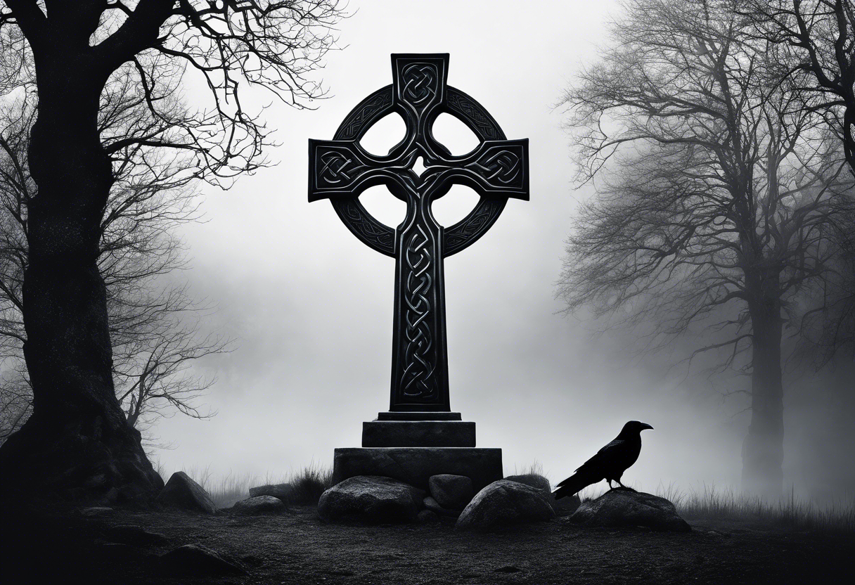 A stone Celtic cross, standing alone in the fog, with a raven perched on the arm of the cross tattoo idea