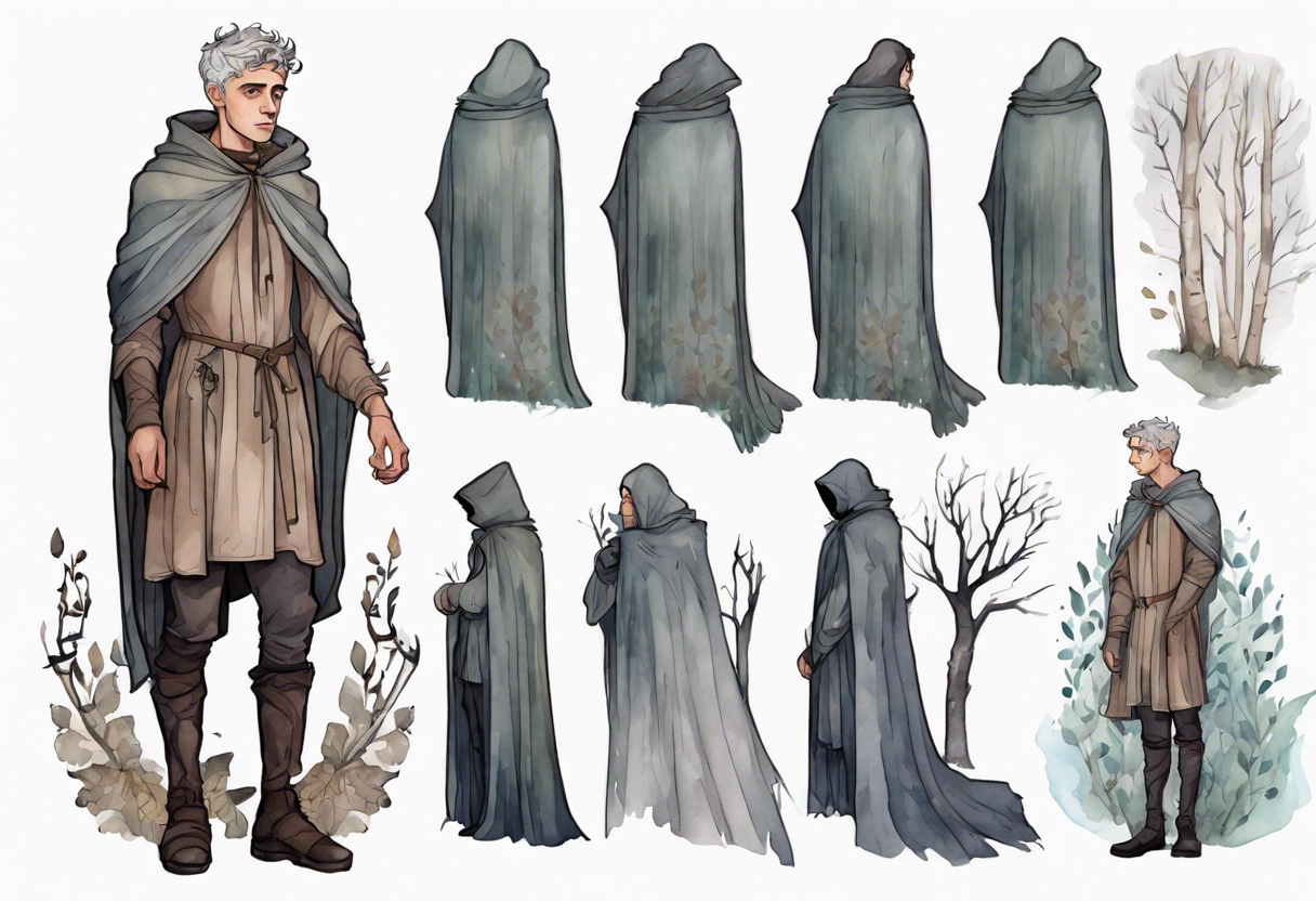 a sad Tan France wearing a grey medieval cloak standing in a birch forest tattoo idea